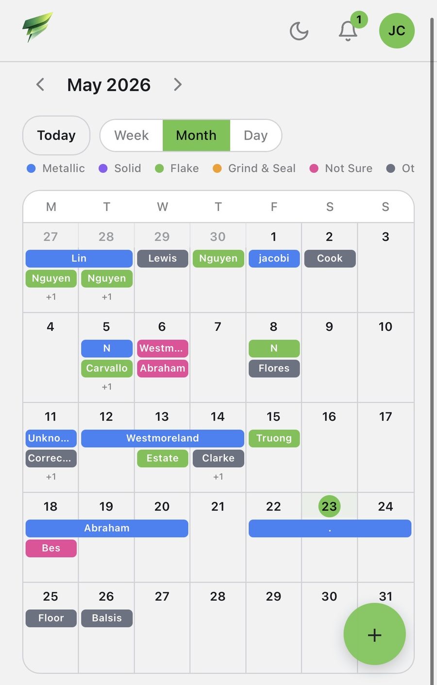 EpoxyFlow job calendar showing color-coded jobs across May 2026