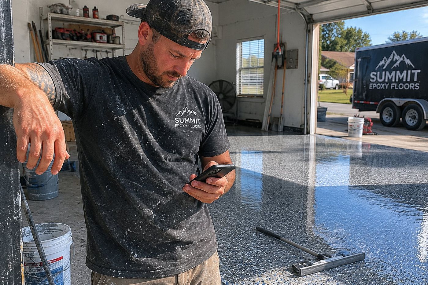Epoxy contractor on a finished flake floor checking his phone for new leads