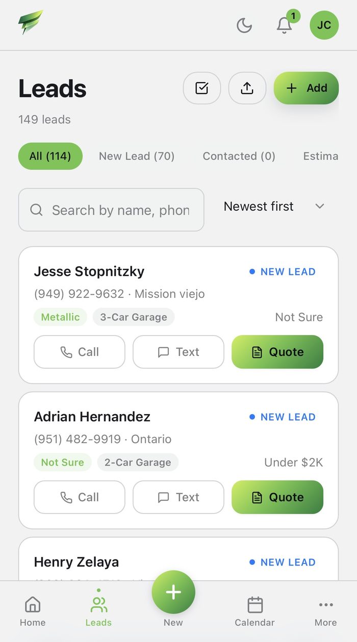 EpoxyFlow leads screen showing 149 leads with quick Call, Text, and Quote actions on each one