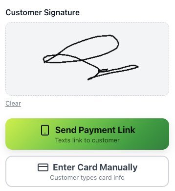 EpoxyFlow signature capture screen with Send Payment Link button